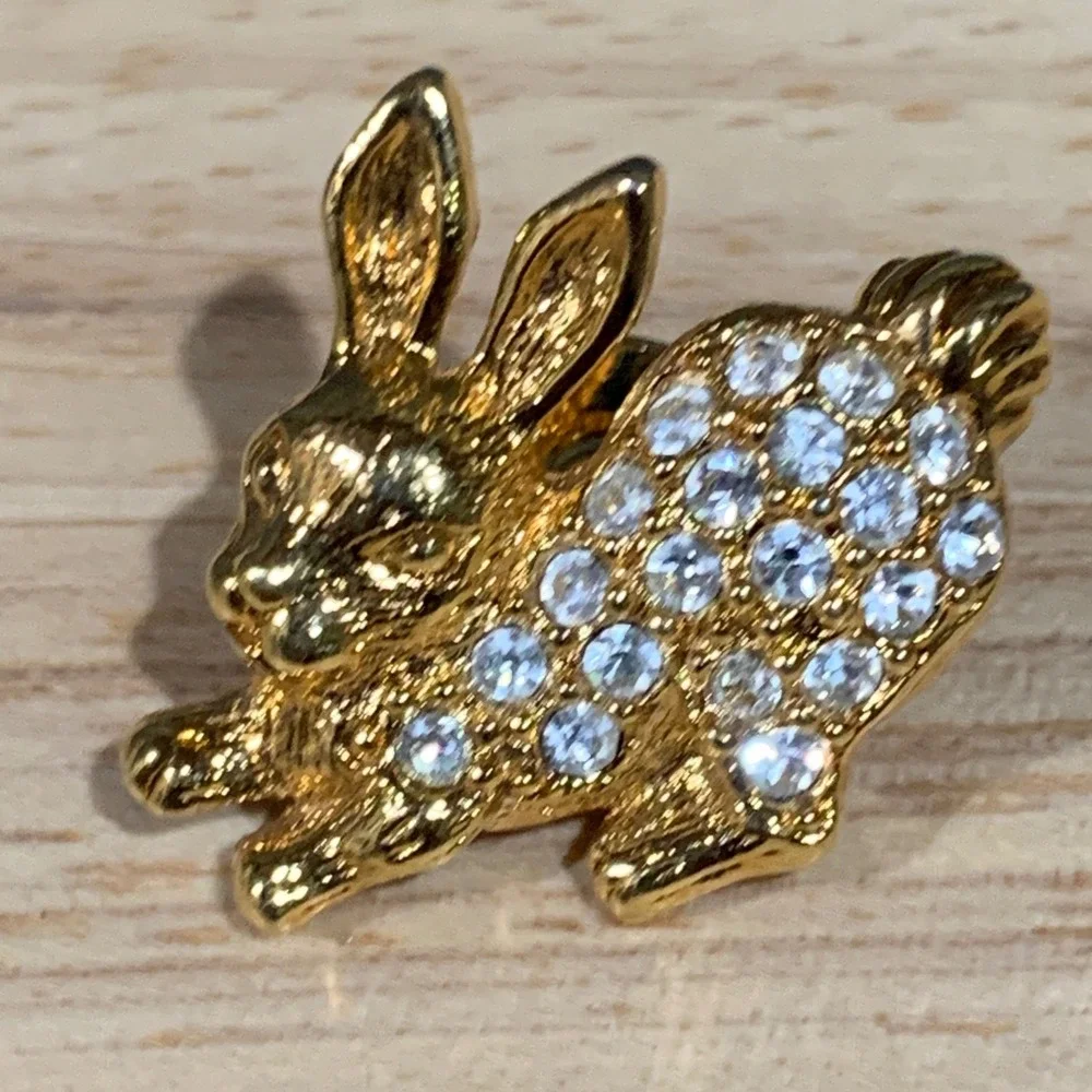 Gold Tone Rhinestone Bunny Rabbit Pin Brooch Easter Animal Lapel Pin Clear Stone